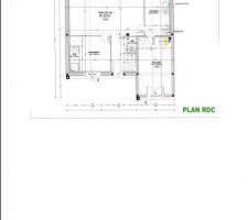 Plan du rez-de-chaussée modéle Villabossa 5 chambres. Nous avons séparé le salon de la cuisine par une cloison et une porte vitrée (sans plus-value). Le garage est transformé en cellier/buanderie pour 2700 euros. Par contre la porte de garage devient une porte fenêtre sans plus-value. Aucune modification pour l'étage.