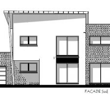 Voici en 2 photos la vue exterieure de la façade

Conception prévue en brique, avec isolation 160mm vs 140mm

Toit en mono-pente ZINC Quart Noir
Bac acier sur la garage
Étanchéité goudronnée au dessus de la Chambre à l'étage
Fenêtres de la façade prévues avec des traverses