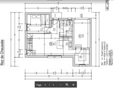 Plan RDC composé d'un garage, 1 salle d'eau avec WC, 1 chambre, 1 séjour et cuisine