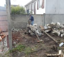 Démolition du garage et des remises et dessouchage des troncs d'arbres!