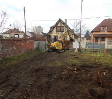 Démolition du garage et des remises et dessouchage des troncs d'arbres!