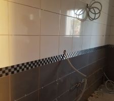 Salle de bain avec carreaux gris foncé et blanc séparé d'une mosaïque.