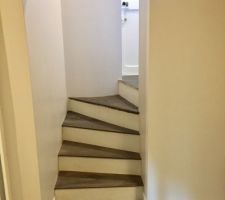 Escalier entre arrière cuisine et sous-sol
Beton recouvert de marches en chêne