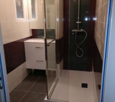 La salle de douche du RDC bientôt terminée
- Carrelages: Porcelanosa, Castorama
- Meubles bas et colonne : Oskab
- Vasque, pieds et profilés : Castorama
- Armoire et éclairage : Ikea
- Paroi de douche : Leroy Merlin
- Receveur : Bricorama
- Robinetterie : Batiwiz