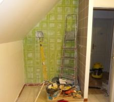 Salle de bain. Pose de la faïence autou de la douche.