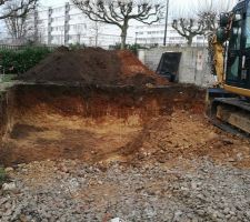 Terrassement en cours afin de couler les fondations d'ici 48 &agrave; 72h ouvr&eacute;s! En revanche, il y a un peu de terre "rouge".. En esp&eacute;rant qu'il n'y en ai pas trop car cela voudrait dire qu'il y a bcp d'argile!