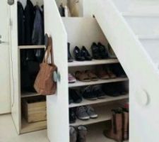 Sous l'escalier  je pense faire e système: un compartiment manteaux, un chaussures et dans la  partie la  plus basse un banc à  tirer( pour s'assoir)