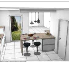 Cuisine blanc laqué avec plant de travail et îlot central en décor chêne clair