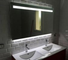 Une Partie de la salle de bain , faïence Style métro Blanc , Meuble double vasque rouge