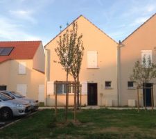 Il s'agit de la façade avant de notre maison.
Les volets ne sont pas peints, la maison partage sa gouttière avec celle de la maison voisine alors que nous devrions avoir chacune la nôtre, la façade est à reprendre à divers endroits (éclats de beton, salissures, fissures), le volet s'accroche dans la gouttière (côté gauche sur la photo), le pied de la maison devrait être engazonné avec des arbustes, la triple fenetre est rayée au cuter, cela fait 8 mois qu'il manque les grilles d'aération sur toutes les fenêtres.
Il devrait y avoir des pergolas sur les parkings et la boite aux lettre installée en juillet de l'année dernière était provisoire...
8 mois plus tard rien à bouger sur cette photo.