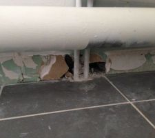 Lors de la livraison de notre bien, nous avons constaté qu'il était impossible d'ouvrir les portes de la salle de bain et des WC posées l'une contre l'autre. Il a fallu démolir la cloison entre les 2 pièces pour les réunir et permettre d'y accéder. Les plinthes ont été arrachéés et le placo avec! 
Nous avons vécus plusieurs semaines avec cette salle de bain en l'état avant qu'elle ne soit achevée.