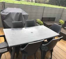 Voici la terrasse enfin malgré le mauvais temps, je n'ai pas mis les coussins du salon de jardin vu la pluie soyez indulgent!!!