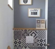 Voila notre source d'idée pour les WC ! Carreaux de ciments sur la structure du WC et tablette en bois sur le dessus en finition ! Nous aimons aussi beaucoup la couleur du mur ( Gris bleu ) ! Ce ne sont que les WC mais bon ... Cela reste quand même important !!!! :)