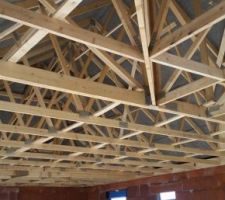 Charpente de l'intérieur... joli bonheur de pouvoir contempler cela... et savoir qu'un peu partout est écrit mon nom à moi sur le bois.