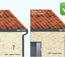 Choix des tuiles et de l'enduit gratté (les menuiseries RAL7016 étaient décidées depuis bien longtemps) : Parexlanko T20 Sable Clair et Imérys Omega 10 Rouge nuancé