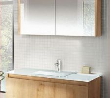 Pour notre salle de bain, un double vasque avec armoire de toilette, sans oublier l'éclairage non présent sur la photo. En couleur ce sera Opale anthracite