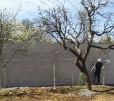 Grattage de l'enduit à la chaux sur les murs en pisé