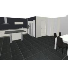 Aménagement intérieur : vue depuis le coin salon vers la cuisine, à droite la verrière de séparation pour le coin nuit, salle de bain, WC