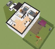 Voici notre terrain, c'est le lot 1.
Il sera issu d'une division mais pour la construction, le lotisseur a d&eacute;cid&eacute; de r&eacute;partir &eacute;galitairement les surfaces &agrave; construire. Nous avons donc acquis le lot 1 qui aura &eacute;galement un chemin d'acc&egrave;s.

Nous ne sommes donc pas contraints &agrave; toutes les r&egrave;gles du PLU : 
- le COS de 30% est donc r&eacute;parti sur l'ensemble du terrain soit 2084m&sup2;, ce qui donne pour chaque terrain une emprise au sol max de 133m&sup2; (4 lots)
- nous pouvons mettre des vues au nord et au sud sur toute les facades.

il y a une servitude de cours commune qui "force" le respect des 8m entre chaque maisons