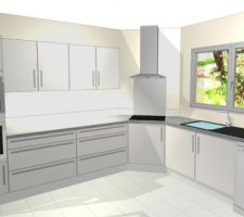 Autre perspective de notre projet cuisine :modèle WATY de chez Socooc, couleur blanc glacier satiné,plan de travail et crédence gris fusain satiné.