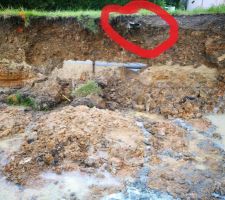 Inondation de la fondation, avec tuyau d'évacuation de toit de la voisine cassé, lors du terrassement.