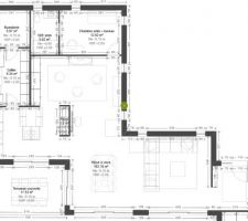 Plan d'aménagement du garage pour agrandissement séjour (coin feu) et création bureau / chambre d'amis avec salle de douche.
