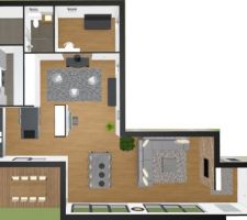 Plan d'aménagement du garage pour agrandissement séjour (coin feu) et création bureau / chambre d'amis avec salle de douche.