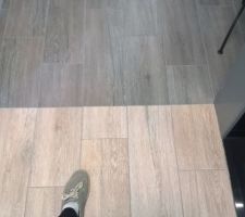 Carrelage effet bois grisé (en haut) pour les pièces communes