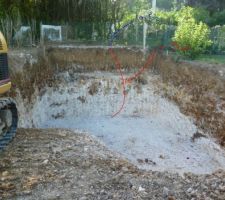 Vu du terrassement de l'autre côté : on voit les strates (craie en bas, mélange de caillou au milieu, terre végétale au dessus), la cloture donne une idée de la profondeur : elle fait environ 1m80 de haut. Le trou est à environ 4 à 5 m de profondeur à cet endroit (le plus profond)