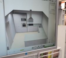 Voila la simulation de la cuisine toute équipée:
Frigo, four, hotte, table 3 feux, lave vaisselle...
Avec un plan de travail sur mesure au niveau de la limitation entre la cuisine et la salle/sallon.
Ne pas se fier à la couleur du plan de travail sur la simulation il n'est pas le même qu'en vrai. En vrai c'est couleur béton brut. Donc un gris.