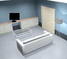 Simulation salon avec meuble rio blanc Leroy Merlin et  plan de travail en hêtre