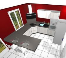 Afin de préparer les ouvrants dans les plans nous avons fait faire une implémentation de cuisine. Voici une vue général. Le frigo va aller dans le coin à droite. Bien sur toute critique est bonne. Nous allons essayer d'avoir un plan de travail en granit noir adoucie et des façades couleur bois clair