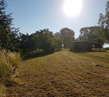 [Obsol&egrave;te] Prise depuis l'&eacute;ventuel-futur acc&egrave;s au terrain, vue sur la limite Nord-Est (le petit chalet, qui va &ecirc;tre d&eacute;moli, symbolise la limite de notre parcelle)