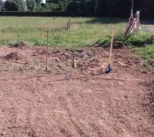 Retrait des mauvaises herbes et des pierres autour de la maison. Un travail titanesque sans outils automatisée...