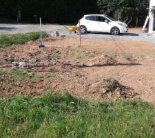 Retrait des mauvaises herbes et des pierres autour de la maison. Un travail titanesque sans outils automatisée...