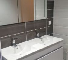 Meuble suspendu pose fini avec les robinets + le miroir et le meuble de rangement