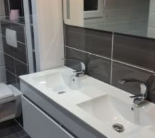 Meuble suspendu pose fini avec les robinets + le miroir et le meuble de rangement