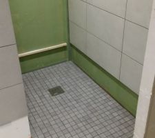 Pose du carrelage mural et réalisation de la douche italienne par un carreleur mosaïste, s'est pris la tête avec le plaquiste car le placo a été mal posé (hors d'applomb vertical et horizontal)