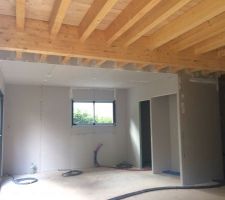 Cuisine en poutres apparentes 
plafond du salon placo