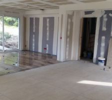 Carrelage cuisine/salle a manger (grands carreaux beige) et salon (effet bois)