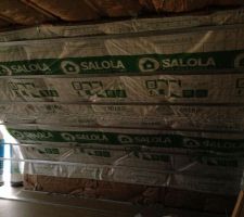 Pose en cours de la membrane pare air sur plafond et sous pentes