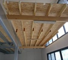Structure en bois provisoire nécessaire à la pose des cloisons. Quand elle sera enlevée la hauteur de plafond sera de six mètres à cet endroit.