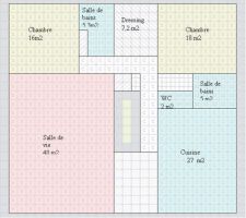 Voici la toute récente version du plan.
Je précise que le terrain mesure 21 m de large par 31 m de long.
J'ai mis entre parenthèse l'idée de deux entrées (car terrain donnant sur 2 rues).
J'attends vos commentaires !