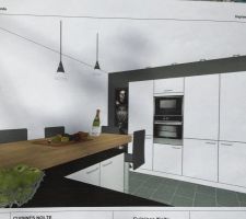 Cuisine avec mixte bois et façades blanc mat et plan de travail en DECTON et Bois