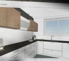 Cuisine avec mixte bois et façades blanc mat et plan de travail en DECTON et Bois