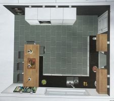 Cuisine avec mixte bois et façades blanc mat et plan de travail en DECTON et Bois