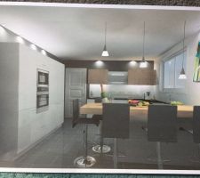 Cuisine avec mixte bois et façades blanc mat et plan de travail en DECTON et Bois