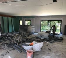 Placo en cours, faux plafond terminé, doublage en cours. J'ai réussi à garder une très belle hauteur sous plafond, 2,90m très exactement, cela agrandi la pièce je trouve.