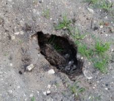 Trou de 50cm de profondeur dû aux dernières pluies. Emplacement du puisard.