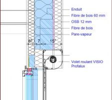 Implantation des coffres de volets roulant dans l'ossature d'une maison bois... le coffre sera visible de l?extérieur pas le choix, et une mousse de polyuréthane remplacera la laine de bois derrière le volet pour avoir un R le plus proche possible du reste du mure